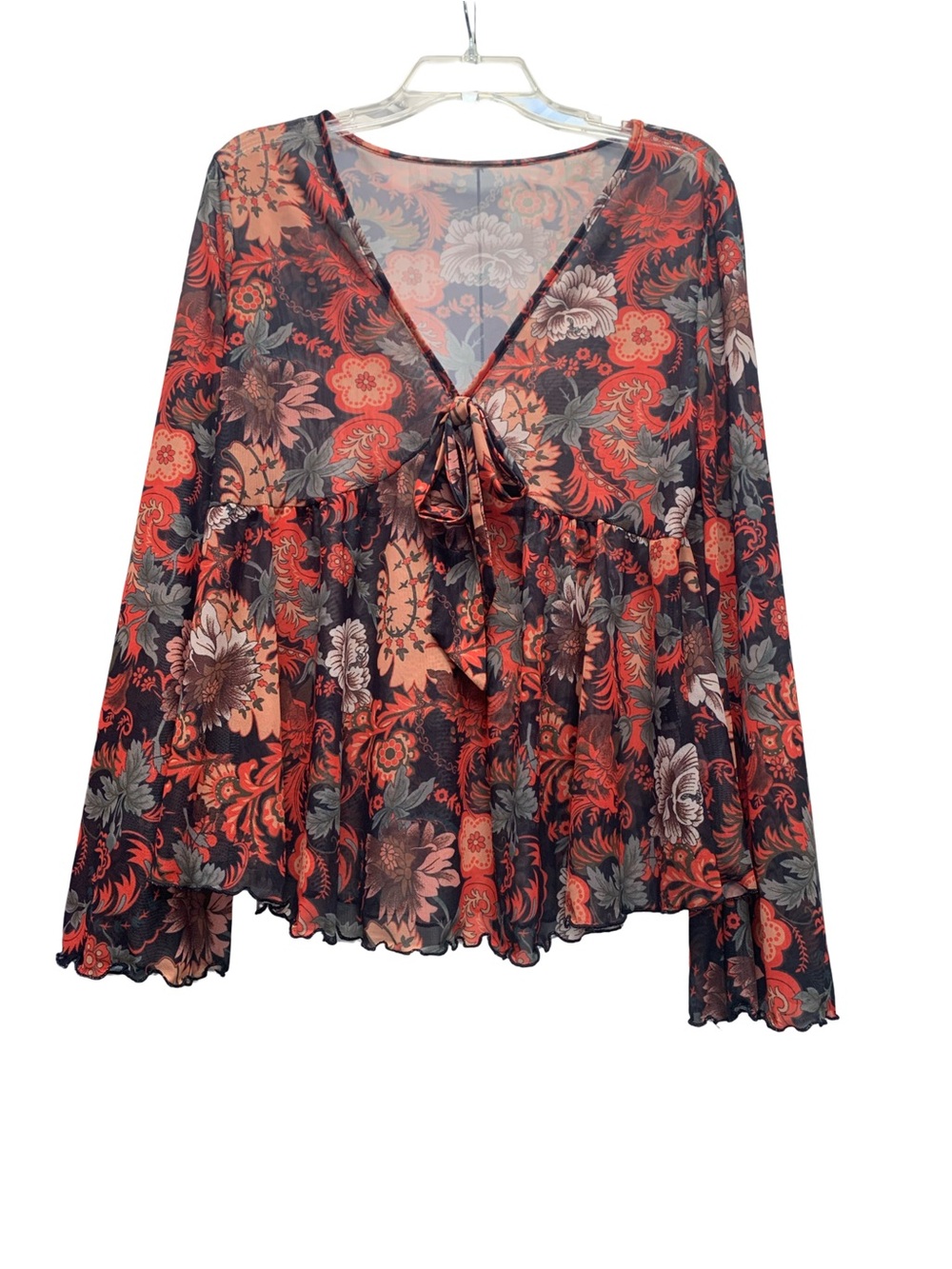 SHEIN Black & Red Floral Tie-Front Sheer Blouse